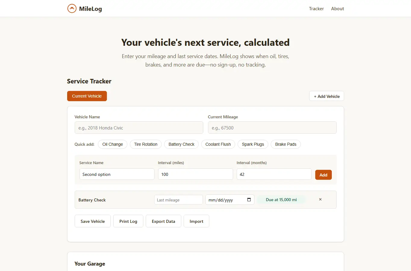 Screenshot of MileLog – Vehicle Maintenance Reminder Calculator interface showing the project page in use